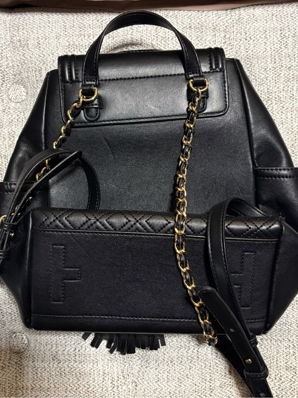 Tory Burch Black Quilted Tassel Drawstring Mini Backpack - Picture 7 of 9